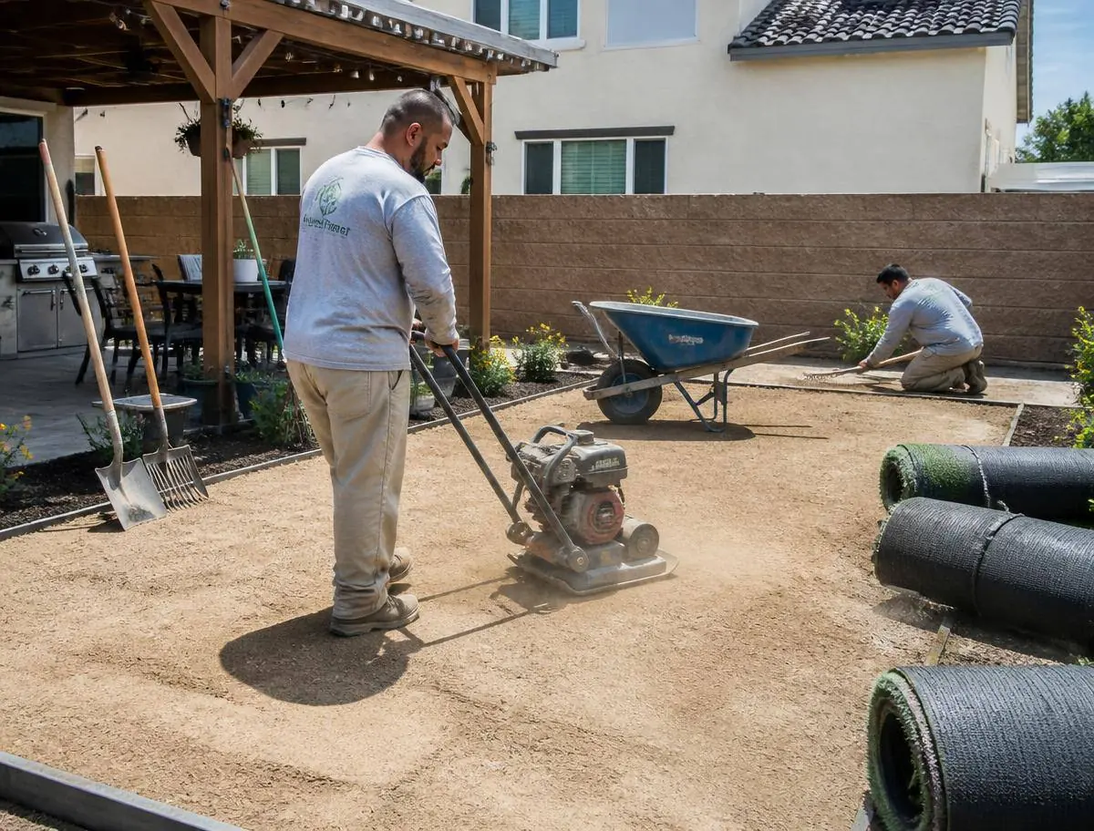Turf Mind crew running a plate compactor over class II base rock before artificial grass installation in Riverside CA