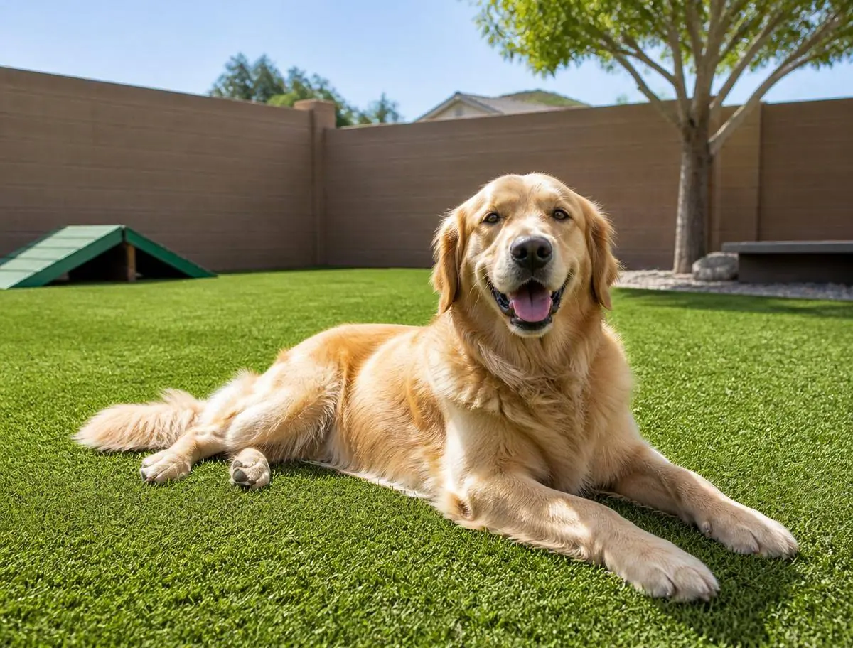 Pet turf dog run with a dog resting on artificial grass