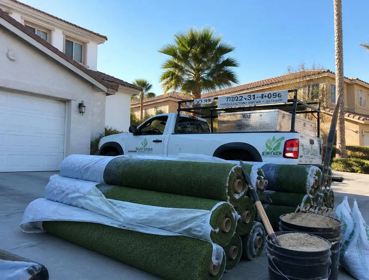 Rolls of artificial turf and buckets of infill staged on a driveway next to the installation truck